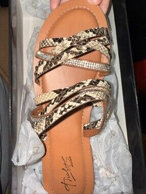 Thalia Sodi Snake-Print Rhinestone Strappy Sandal in Tan/Black